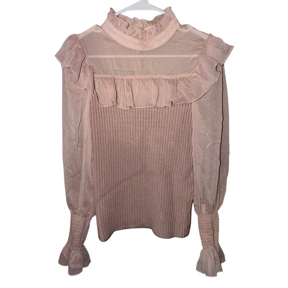 Pink Ruffle High Neck Sheer Sleeve Ribbed Knit Top Small Mixed Media Blouse